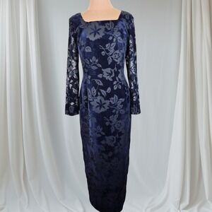 YANAGI Navy Blue Floral Velvet Burnout Maxi Dress Size 8 Whimsigoth Fairy Sheath